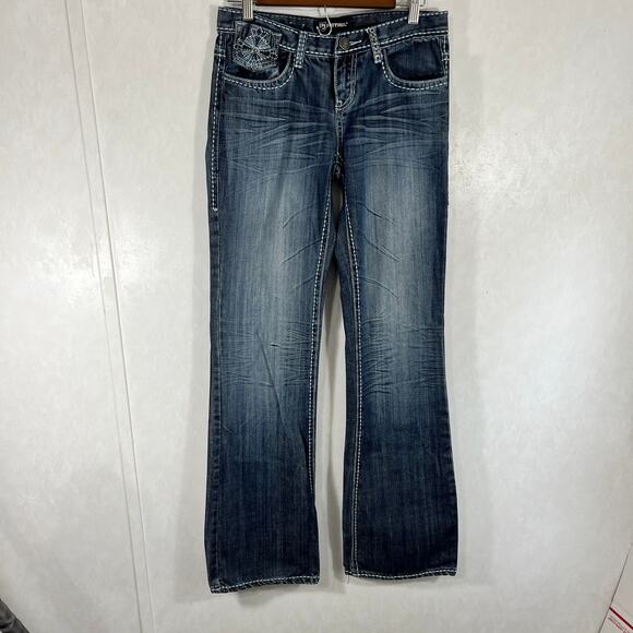 Petrol Alex Boot Cut Dark Blue Jeans White Stitching Low Rise Rhinestone Design - Picture 2 of 8